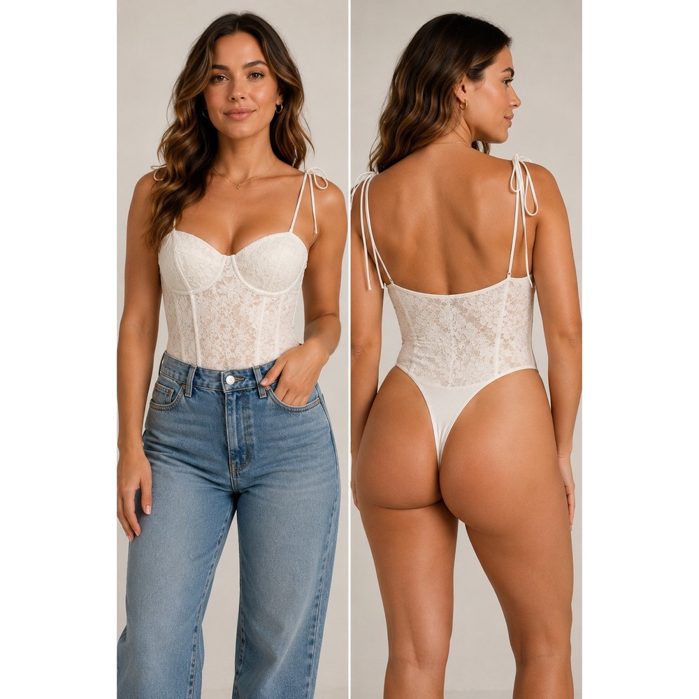 Lulus White Lace Corset Bodysuit Underwire Tie Strap Bodice Top